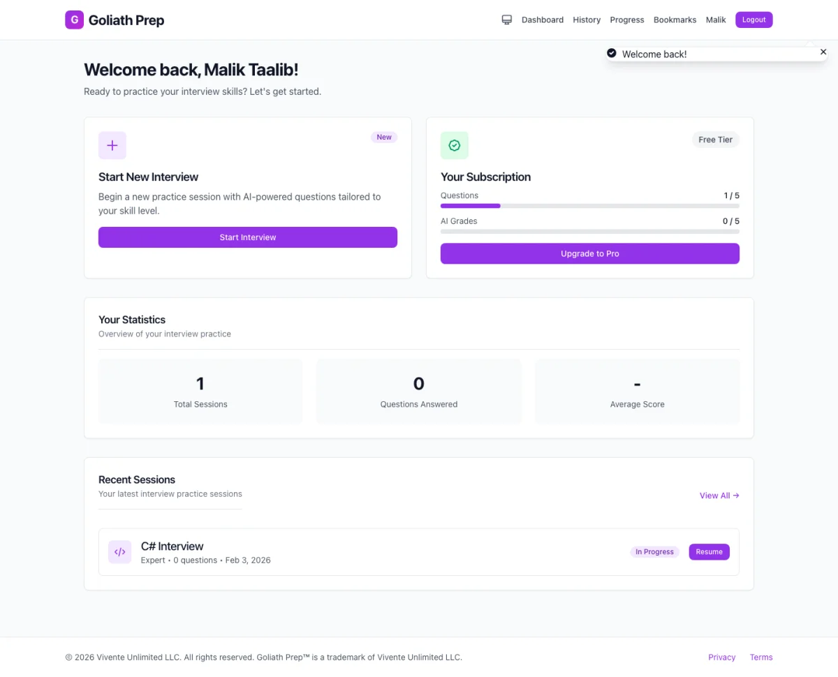 GoliathPrep Dashboard showing interview stats, progress tracking, and recent sessions